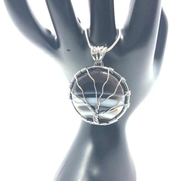 Wire Wrapped Tree of Life Striped Black Agate Pendant
